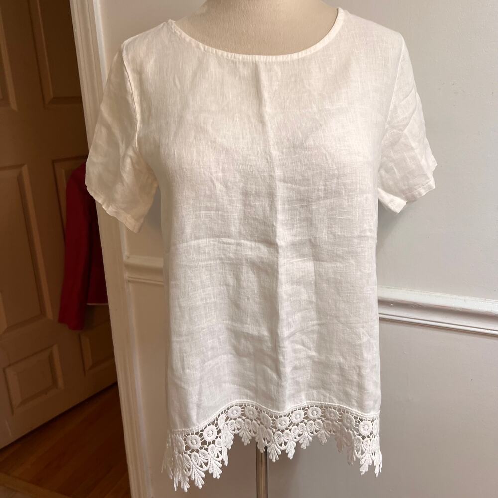 Terzo Millennio Italy 100% Linen White Lace Hem Top Made in Italy Size Small